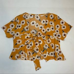 Daisy Floral Tie Front Ruffle Hem Top in Yellow